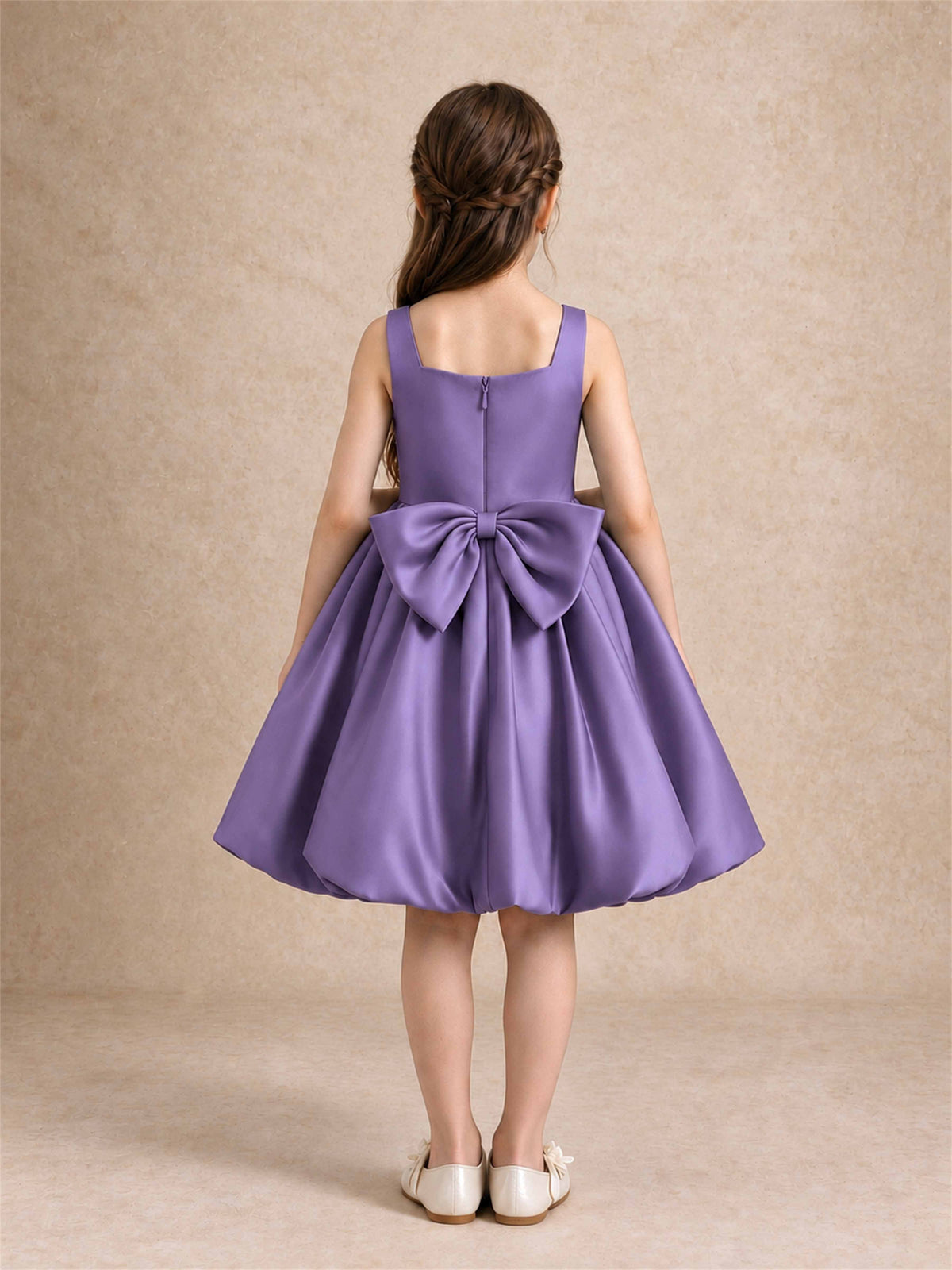Satin Flower Girl Dress Square Neck 3D Floral Bubble Skirt with Big Bow for Wedding First Communion