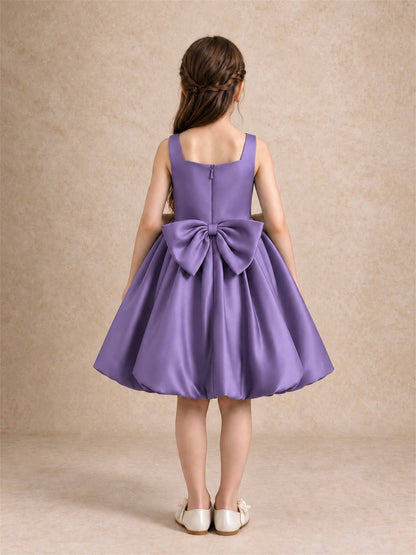 Satin Flower Girl Dress Square Neck 3D Floral Bubble Skirt with Big Bow for Wedding First Communion