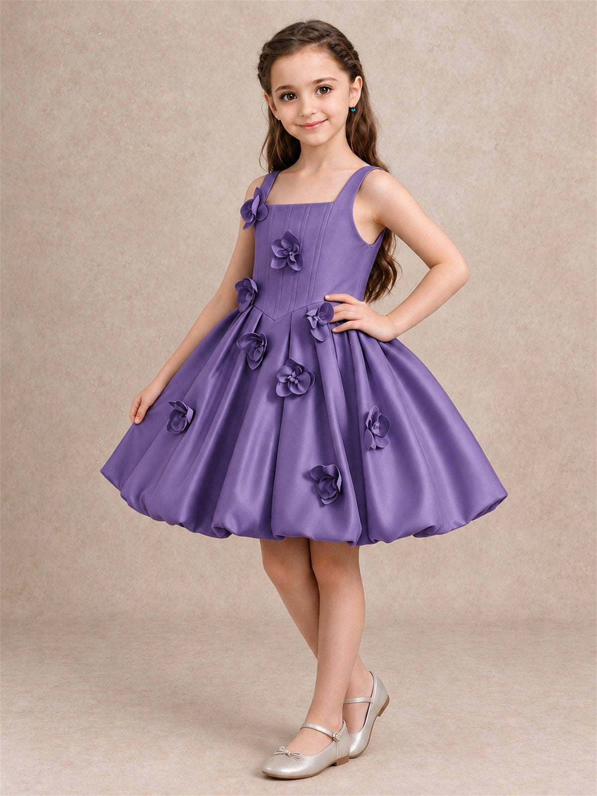 Satin Flower Girl Dress Square Neck 3D Floral Bubble Skirt with Big Bow for Wedding First Communion
