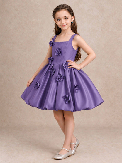 Satin Flower Girl Dress Square Neck 3D Floral Bubble Skirt with Big Bow for Wedding First Communion