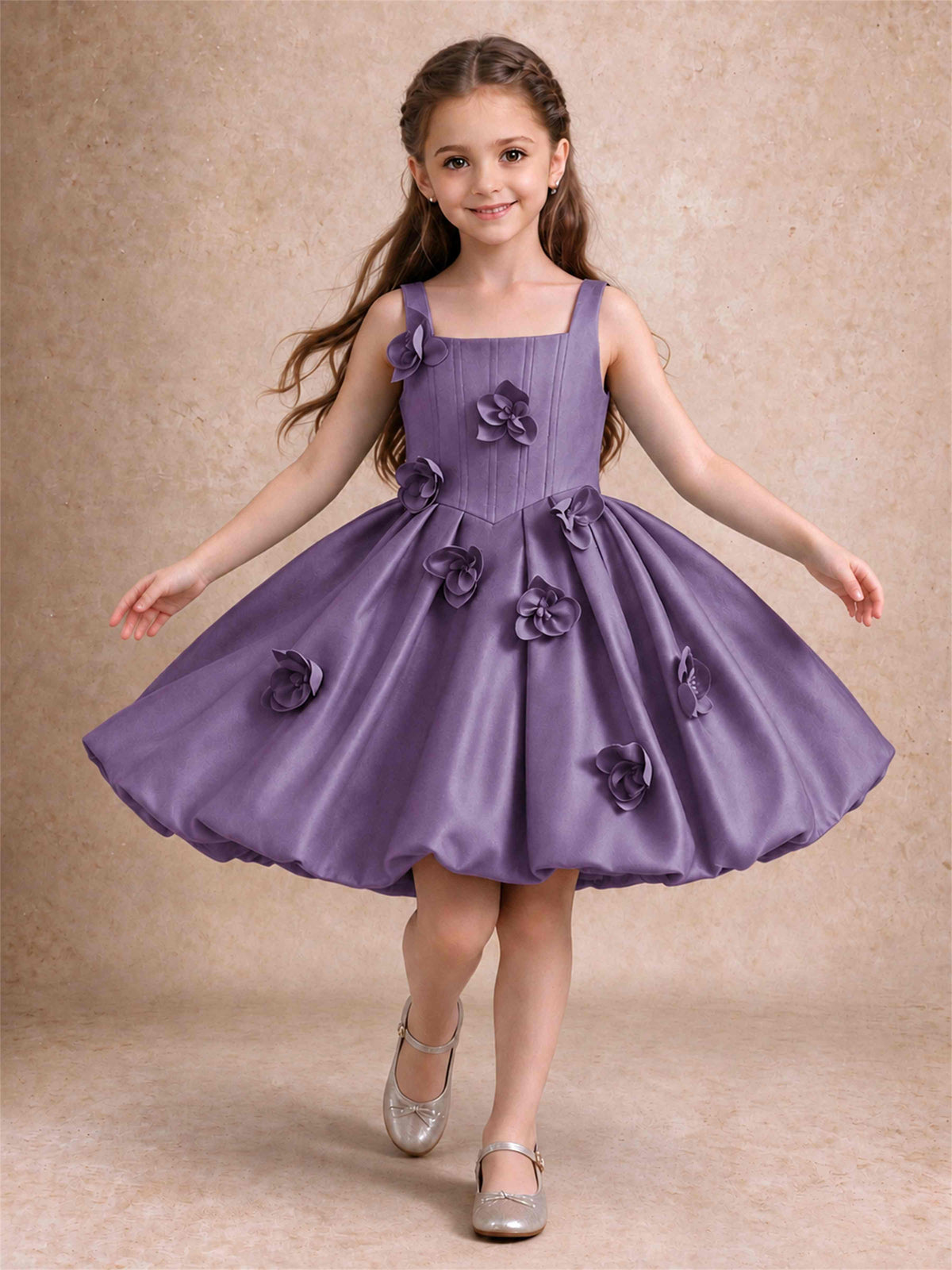 Satin Flower Girl Dress Square Neck 3D Floral Bubble Skirt with Big Bow for Wedding First Communion