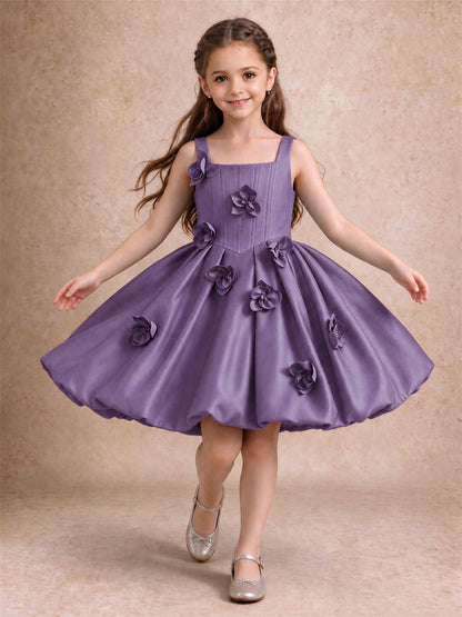 Satin Flower Girl Dress Square Neck 3D Floral Bubble Skirt with Big Bow for Wedding First Communion