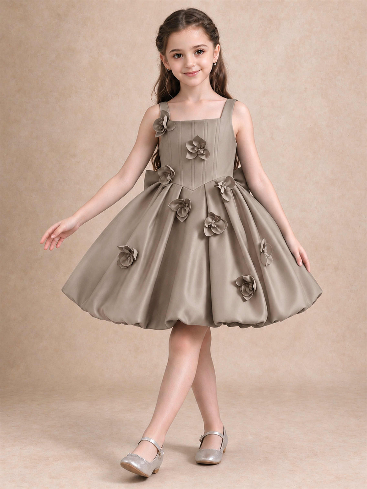 Satin Flower Girl Dress Square Neck 3D Floral Bubble Skirt with Big Bow for Wedding First Communion