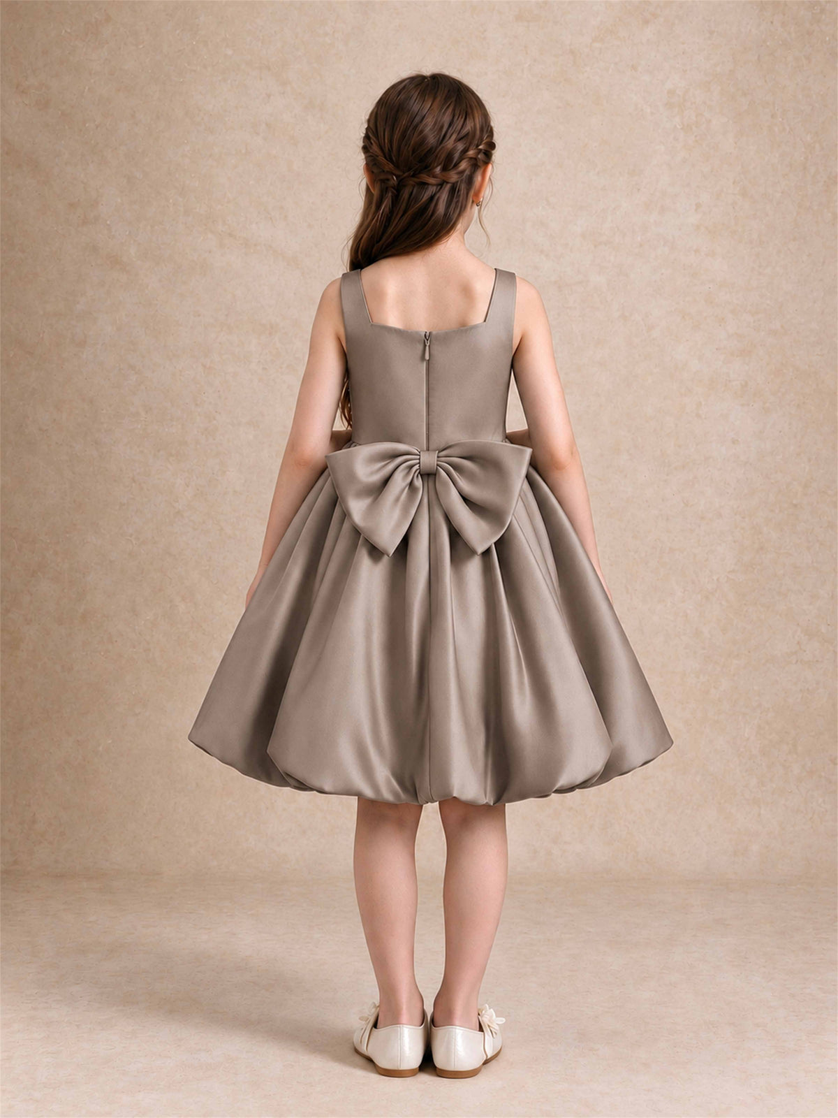 Satin Flower Girl Dress Square Neck 3D Floral Bubble Skirt with Big Bow for Wedding First Communion