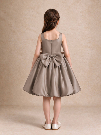 Satin Flower Girl Dress Square Neck 3D Floral Bubble Skirt with Big Bow for Wedding First Communion