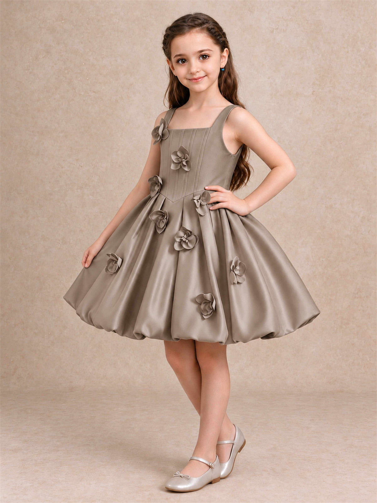 Satin Flower Girl Dress Square Neck 3D Floral Bubble Skirt with Big Bow for Wedding First Communion