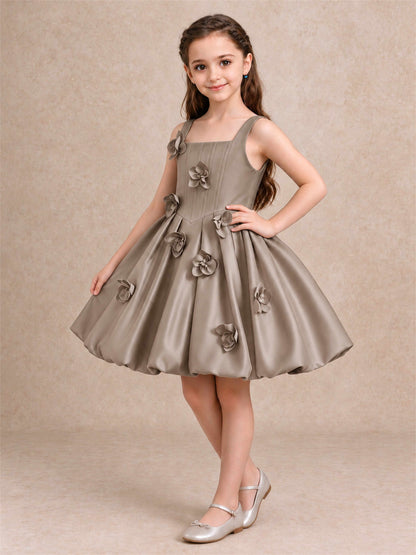 Satin Flower Girl Dress Square Neck 3D Floral Bubble Skirt with Big Bow for Wedding First Communion