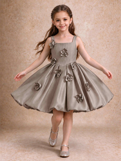 Satin Flower Girl Dress Square Neck 3D Floral Bubble Skirt with Big Bow for Wedding First Communion