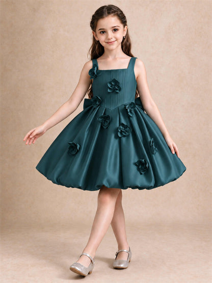 Satin Flower Girl Dress Square Neck 3D Floral Bubble Skirt with Big Bow for Wedding First Communion
