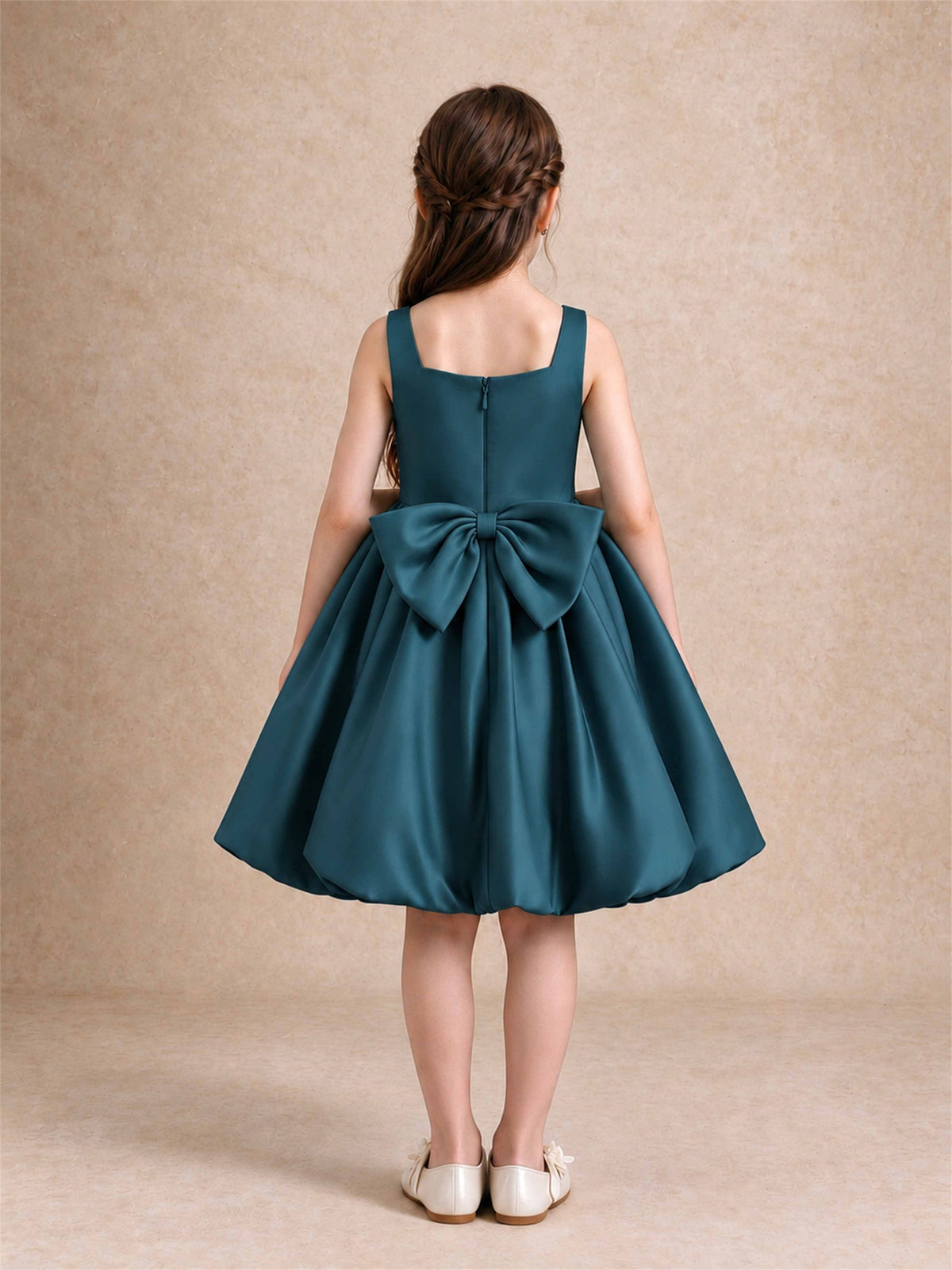 Satin Flower Girl Dress Square Neck 3D Floral Bubble Skirt with Big Bow for Wedding First Communion