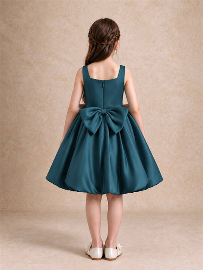 Satin Flower Girl Dress Square Neck 3D Floral Bubble Skirt with Big Bow for Wedding First Communion