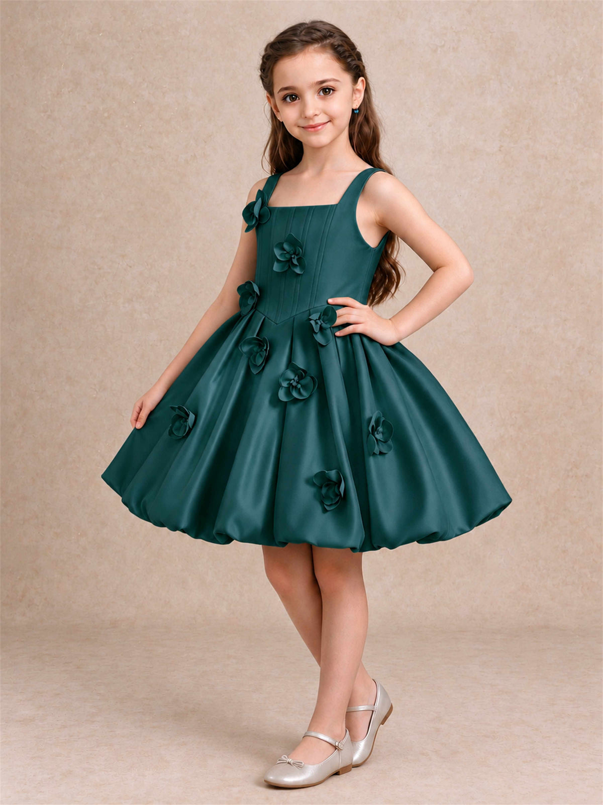 Satin Flower Girl Dress Square Neck 3D Floral Bubble Skirt with Big Bow for Wedding First Communion