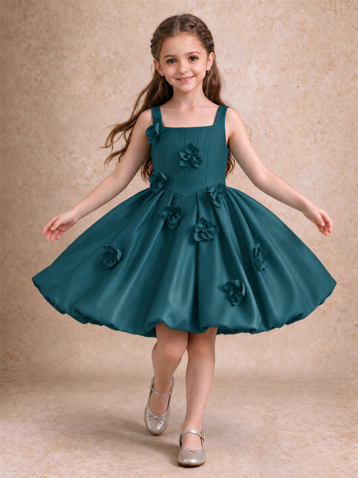 Satin Flower Girl Dress Square Neck 3D Floral Bubble Skirt with Big Bow for Wedding First Communion