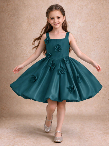 Satin Flower Girl Dress Square Neck 3D Floral Bubble Skirt with Big Bow for Wedding First Communion