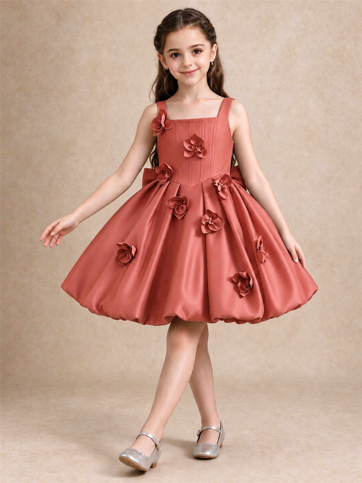 Satin Flower Girl Dress Square Neck 3D Floral Bubble Skirt with Big Bow for Wedding First Communion