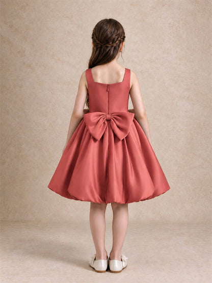 Satin Flower Girl Dress Square Neck 3D Floral Bubble Skirt with Big Bow for Wedding First Communion