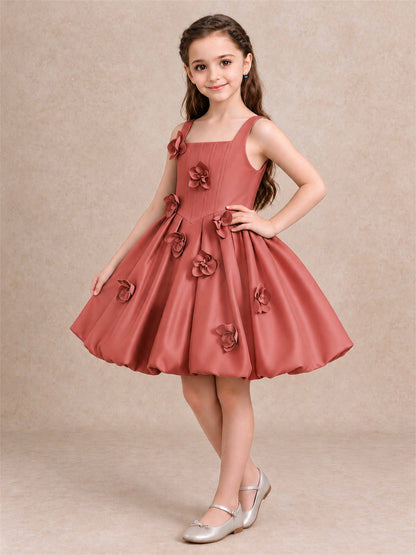 Satin Flower Girl Dress Square Neck 3D Floral Bubble Skirt with Big Bow for Wedding First Communion