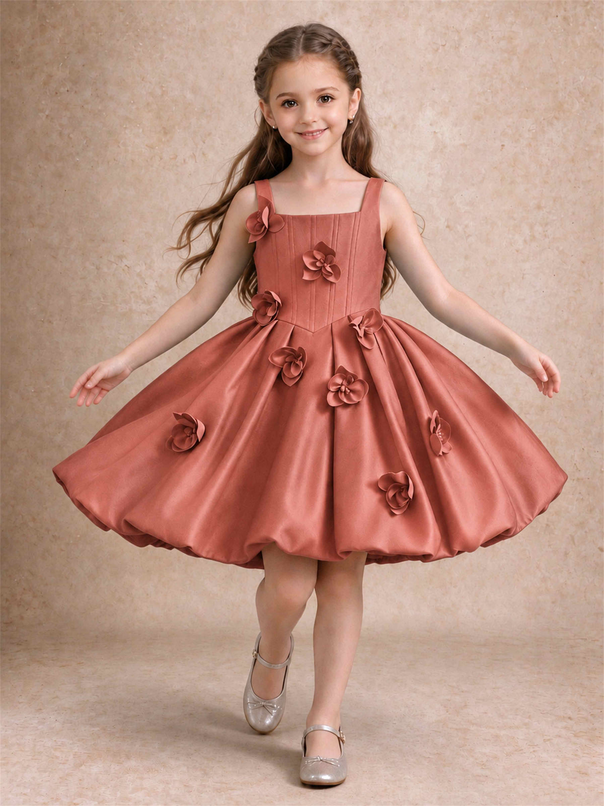 Satin Flower Girl Dress Square Neck 3D Floral Bubble Skirt with Big Bow for Wedding First Communion