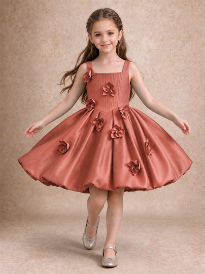Satin Flower Girl Dress Square Neck 3D Floral Bubble Skirt with Big Bow for Wedding First Communion