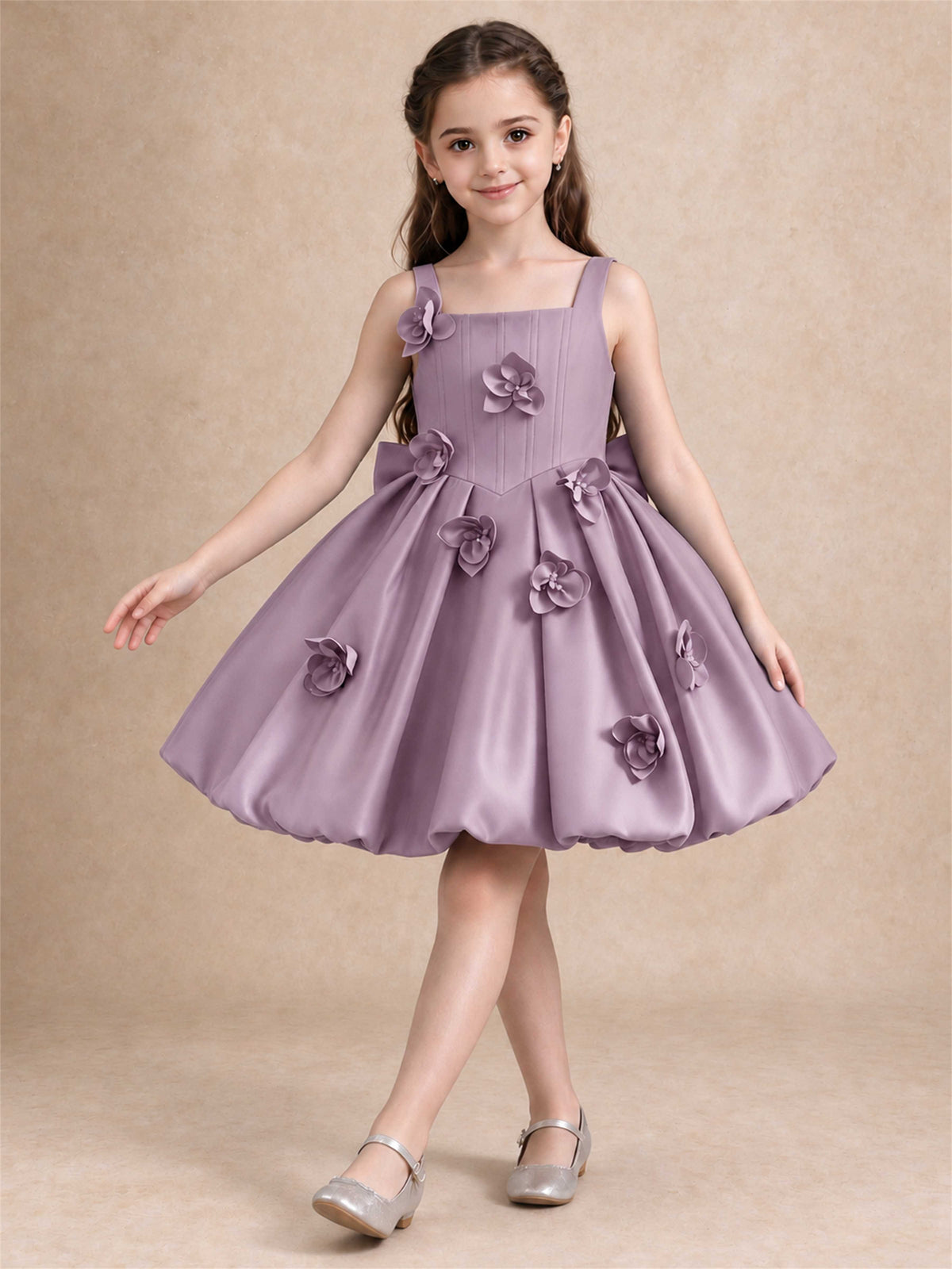 Satin Flower Girl Dress Square Neck 3D Floral Bubble Skirt with Big Bow for Wedding First Communion