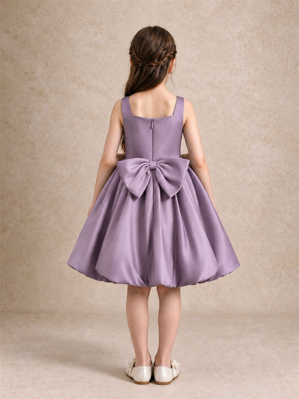 Satin Flower Girl Dress Square Neck 3D Floral Bubble Skirt with Big Bow for Wedding First Communion