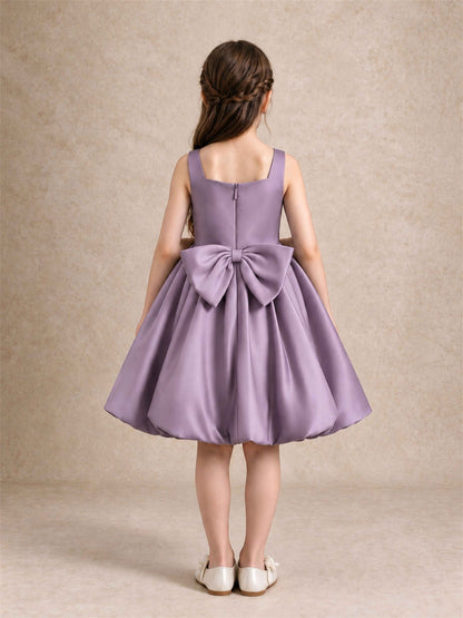 Satin Flower Girl Dress Square Neck 3D Floral Bubble Skirt with Big Bow for Wedding First Communion
