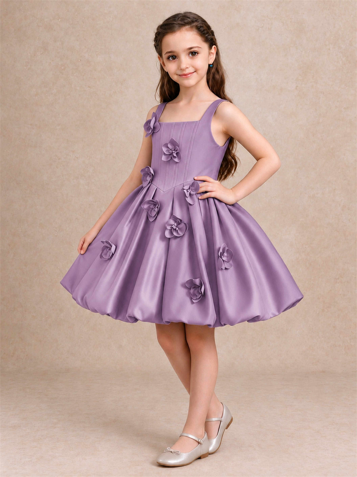 Satin Flower Girl Dress Square Neck 3D Floral Bubble Skirt with Big Bow for Wedding First Communion