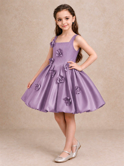 Satin Flower Girl Dress Square Neck 3D Floral Bubble Skirt with Big Bow for Wedding First Communion