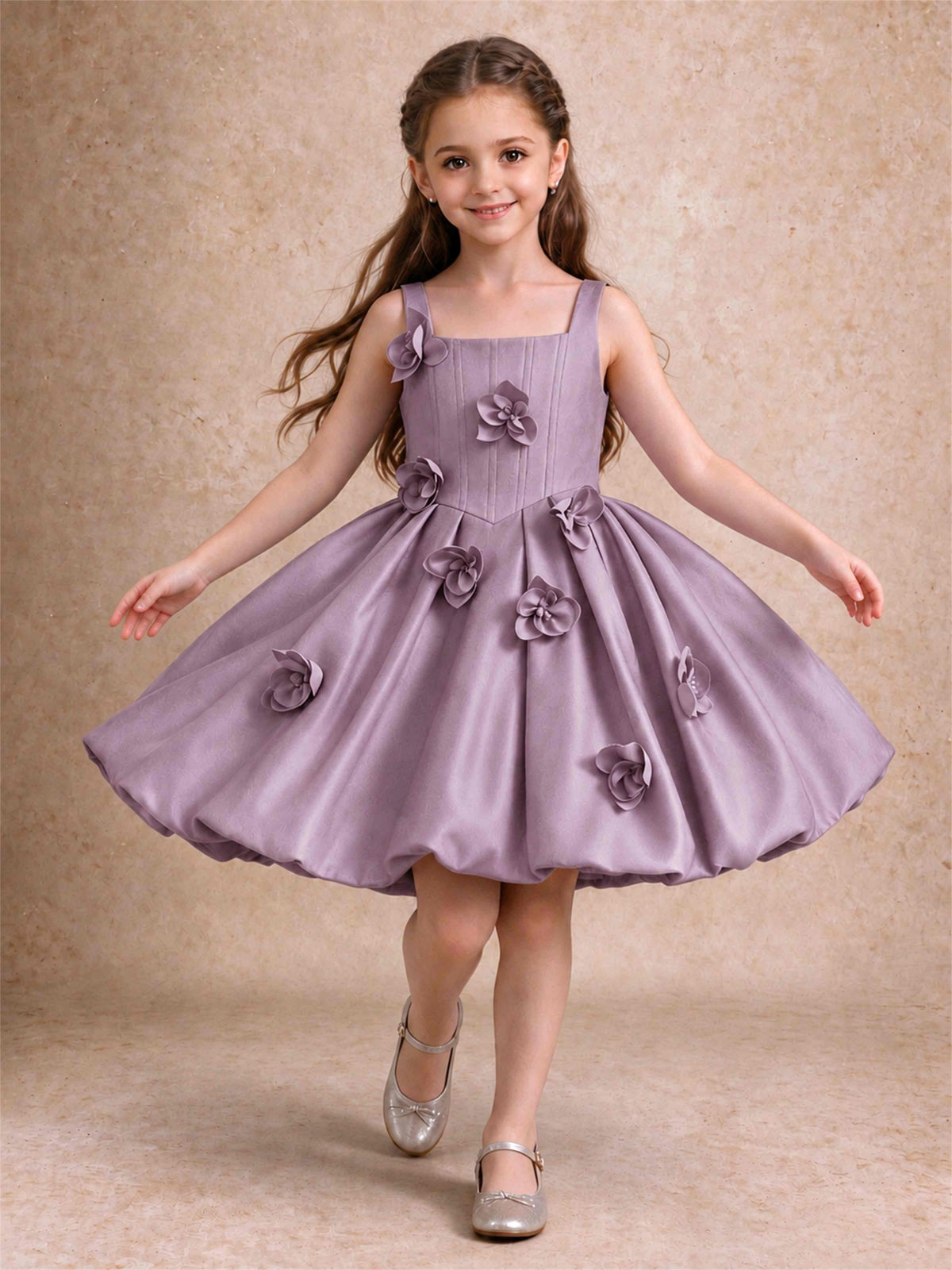 Satin Flower Girl Dress Square Neck 3D Floral Bubble Skirt with Big Bow for Wedding First Communion