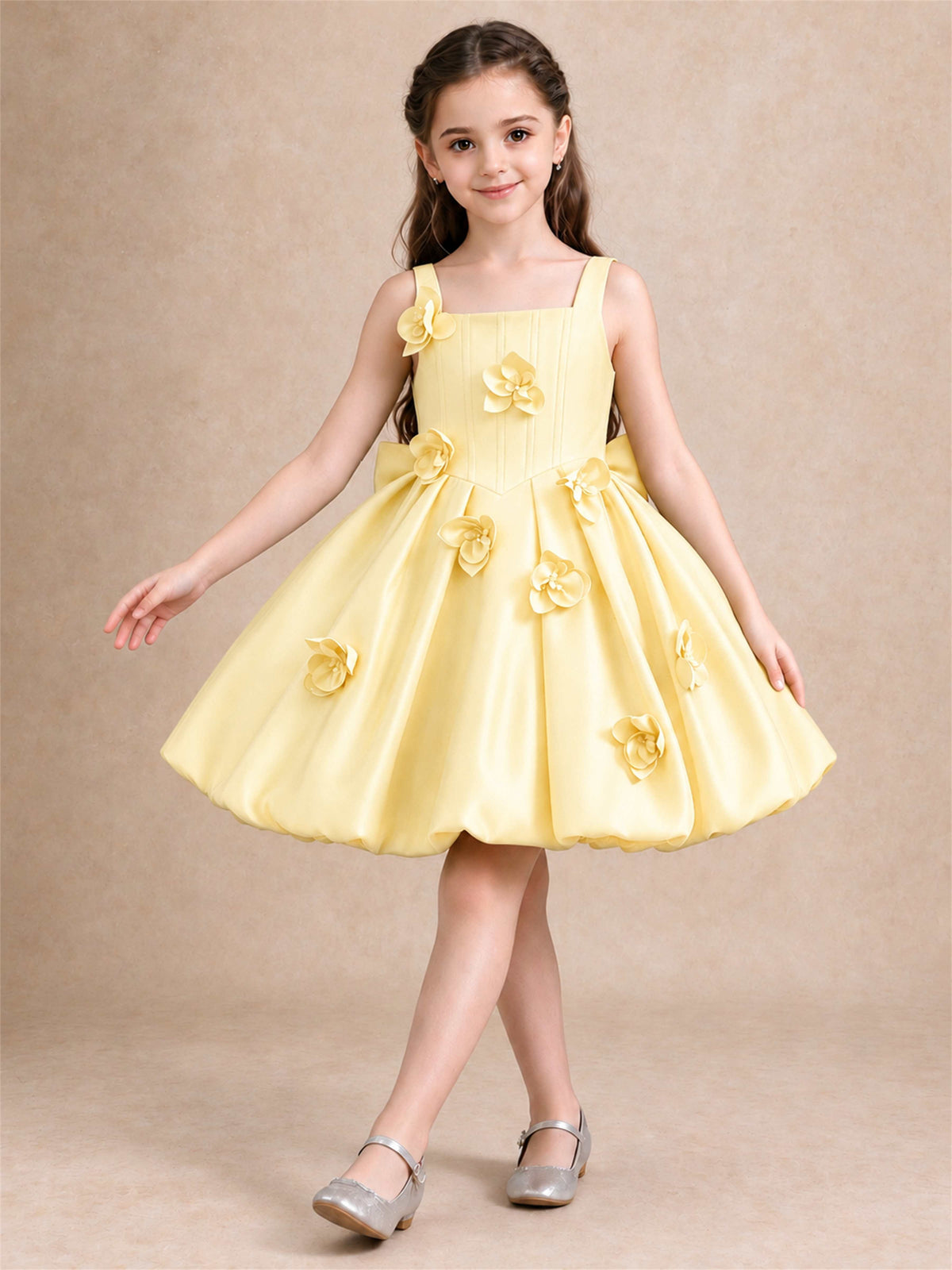 Satin Flower Girl Dress Square Neck 3D Floral Bubble Skirt with Big Bow for Wedding First Communion