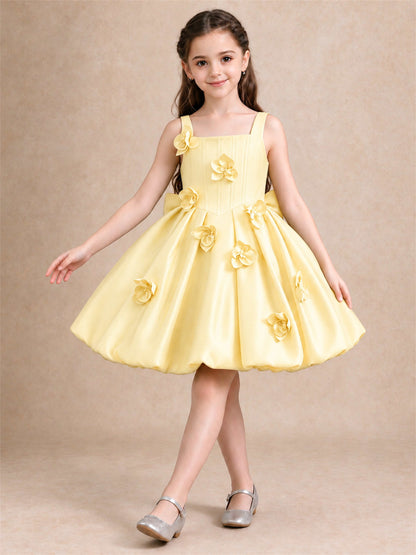 Satin Flower Girl Dress Square Neck 3D Floral Bubble Skirt with Big Bow for Wedding First Communion