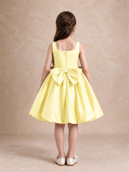 Satin Flower Girl Dress Square Neck 3D Floral Bubble Skirt with Big Bow for Wedding First Communion