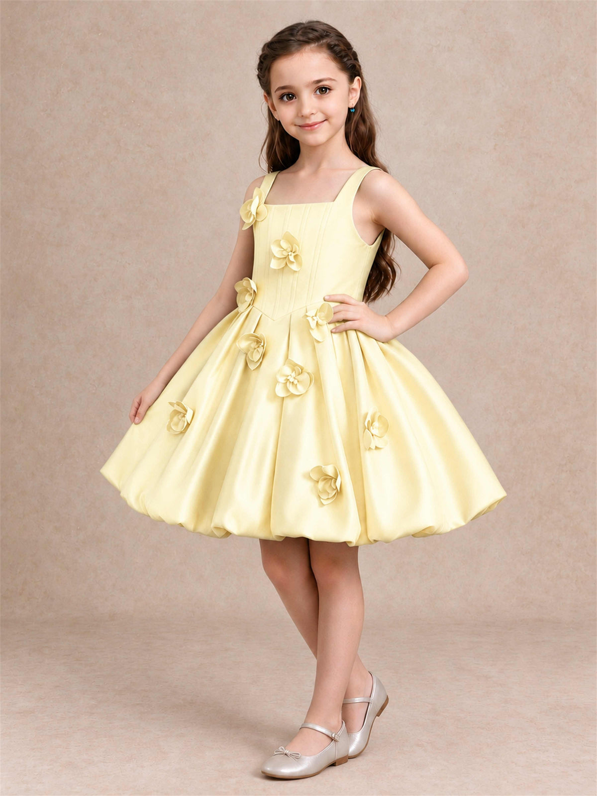 Satin Flower Girl Dress Square Neck 3D Floral Bubble Skirt with Big Bow for Wedding First Communion