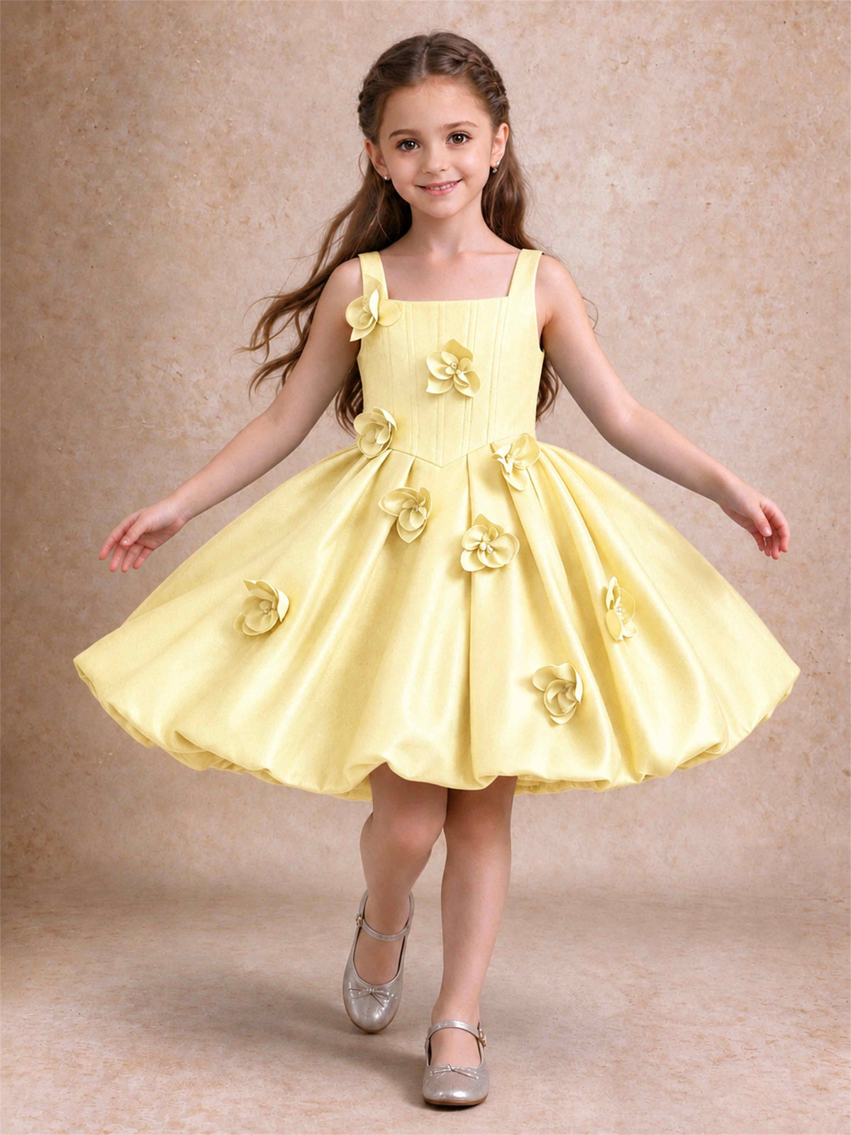 Satin Flower Girl Dress Square Neck 3D Floral Bubble Skirt with Big Bow for Wedding First Communion