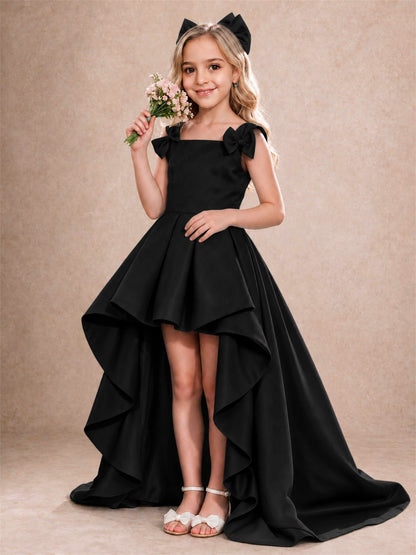 Satin Flower Girl Dress Square Neck Shoulder Bows High Low Ruffled Wedding Pageant Gown