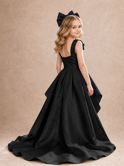 Satin Flower Girl Dress Square Neck Shoulder Bows High Low Ruffled Wedding Pageant Gown