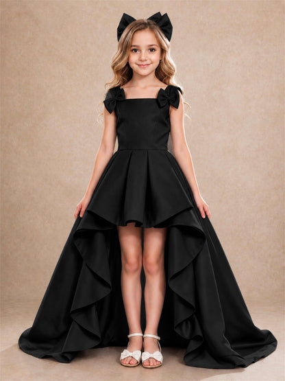 Satin Flower Girl Dress Square Neck Shoulder Bows High Low Ruffled Wedding Pageant Gown