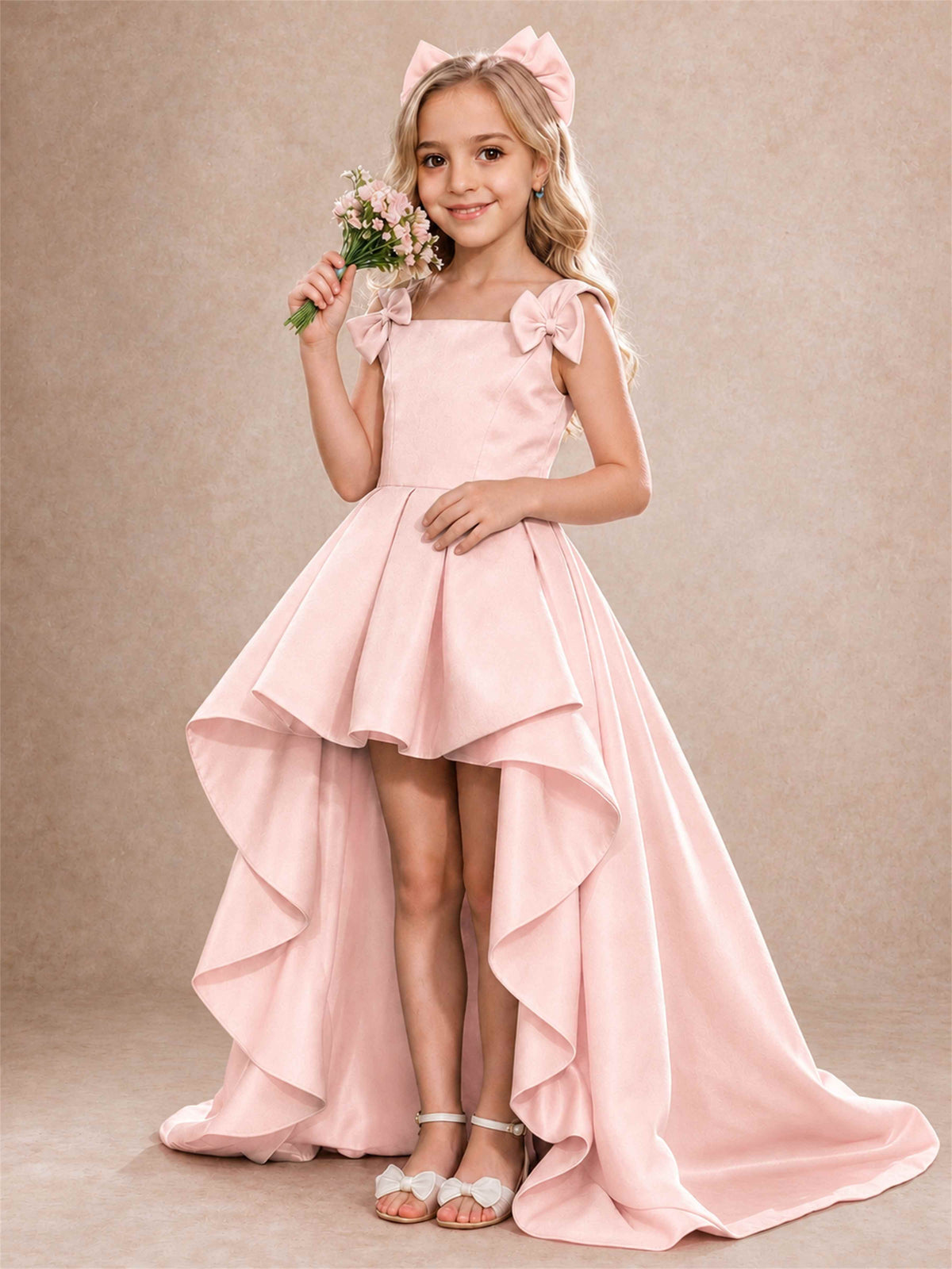 Satin Flower Girl Dress Square Neck Shoulder Bows High Low Ruffled Wedding Pageant Gown