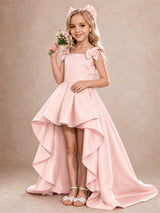 Satin Flower Girl Dress Square Neck Shoulder Bows High Low Ruffled Wedding Pageant Gown