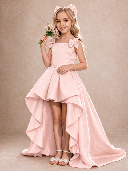 Satin Flower Girl Dress Square Neck Shoulder Bows High Low Ruffled Wedding Pageant Gown