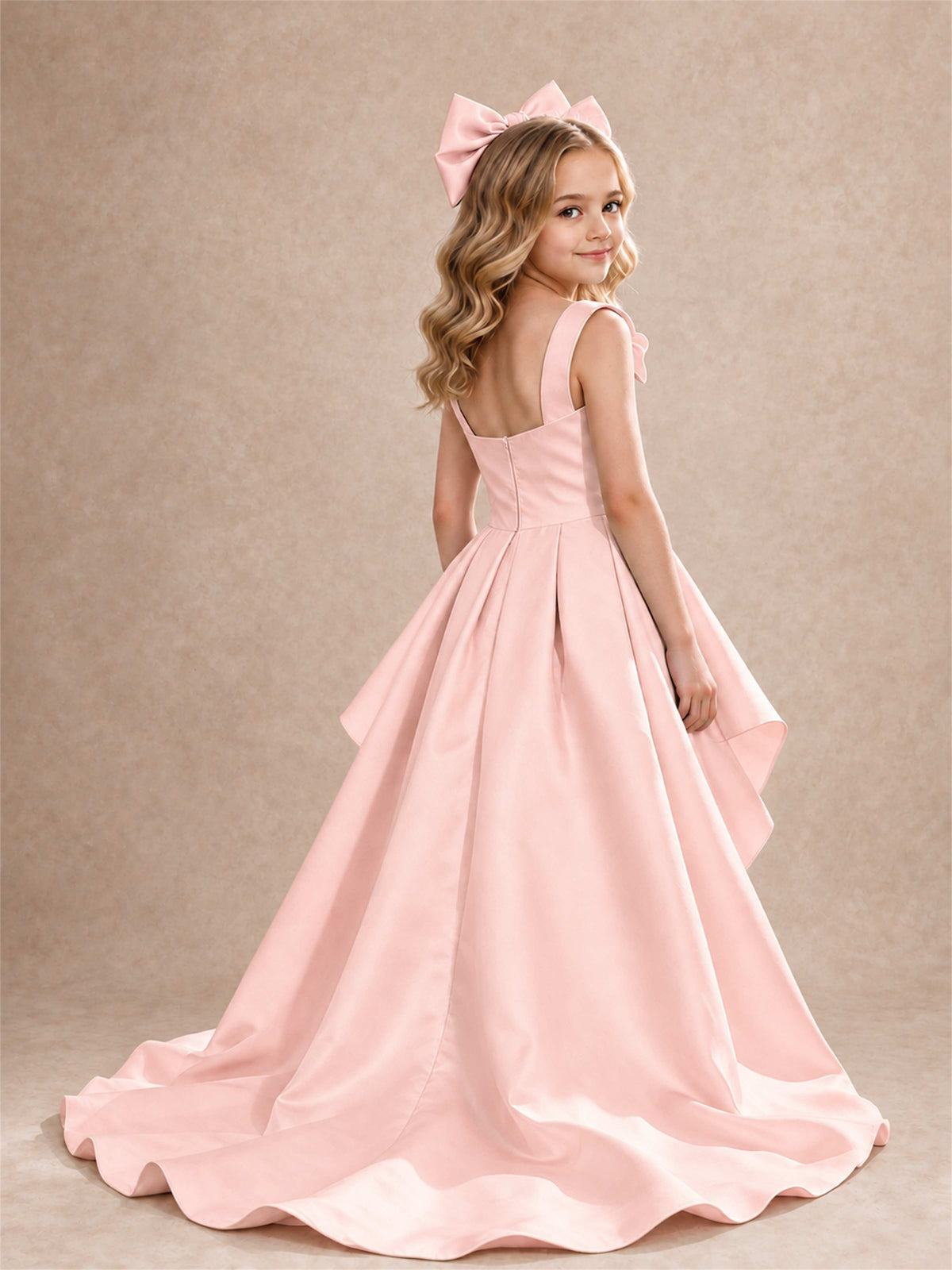 Satin Flower Girl Dress Square Neck Shoulder Bows High Low Ruffled Wedding Pageant Gown