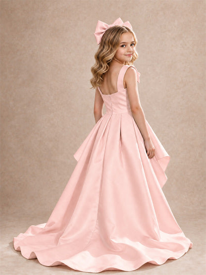 Satin Flower Girl Dress Square Neck Shoulder Bows High Low Ruffled Wedding Pageant Gown