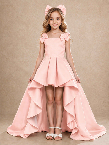 Satin Flower Girl Dress Square Neck Shoulder Bows High Low Ruffled Wedding Pageant Gown