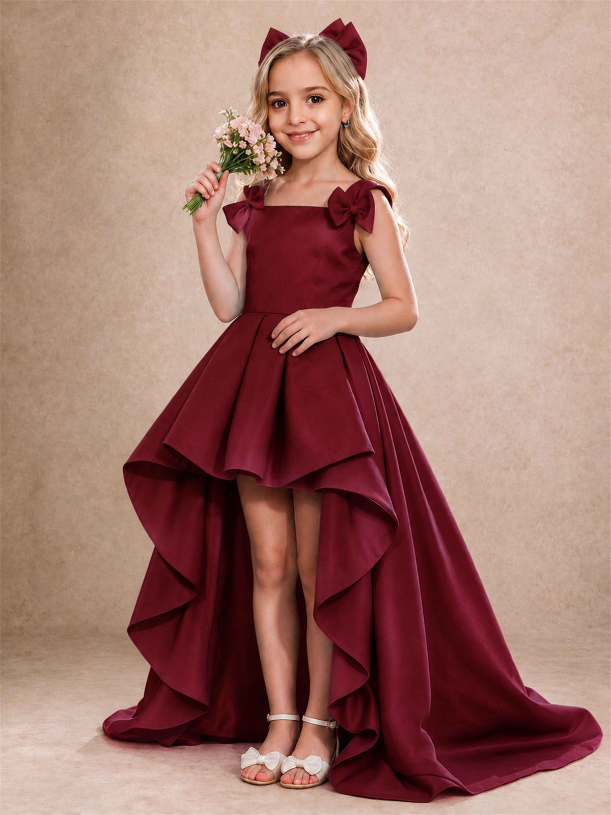 Satin Flower Girl Dress Square Neck Shoulder Bows High Low Ruffled Wedding Pageant Gown