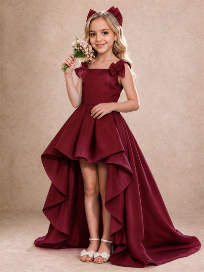 Satin Flower Girl Dress Square Neck Shoulder Bows High Low Ruffled Wedding Pageant Gown