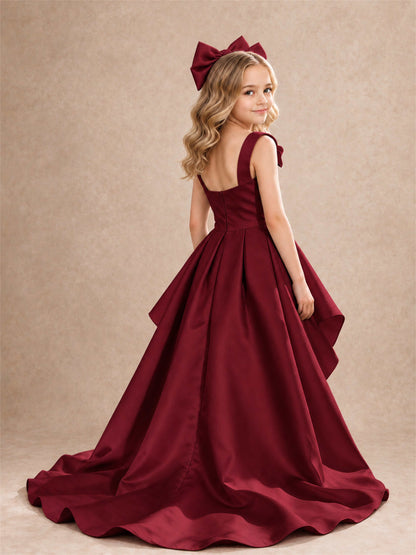 Satin Flower Girl Dress Square Neck Shoulder Bows High Low Ruffled Wedding Pageant Gown