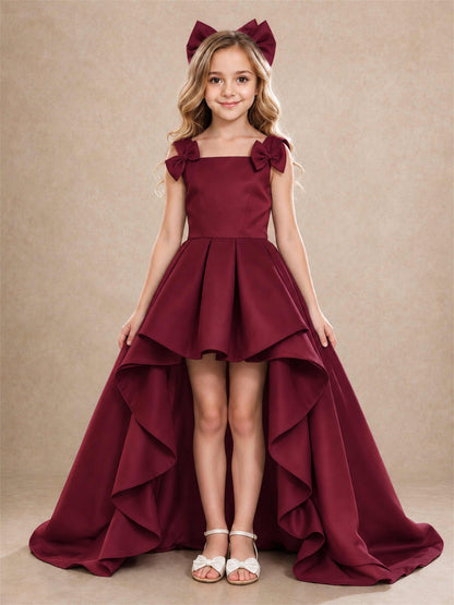 Satin Flower Girl Dress Square Neck Shoulder Bows High Low Ruffled Wedding Pageant Gown