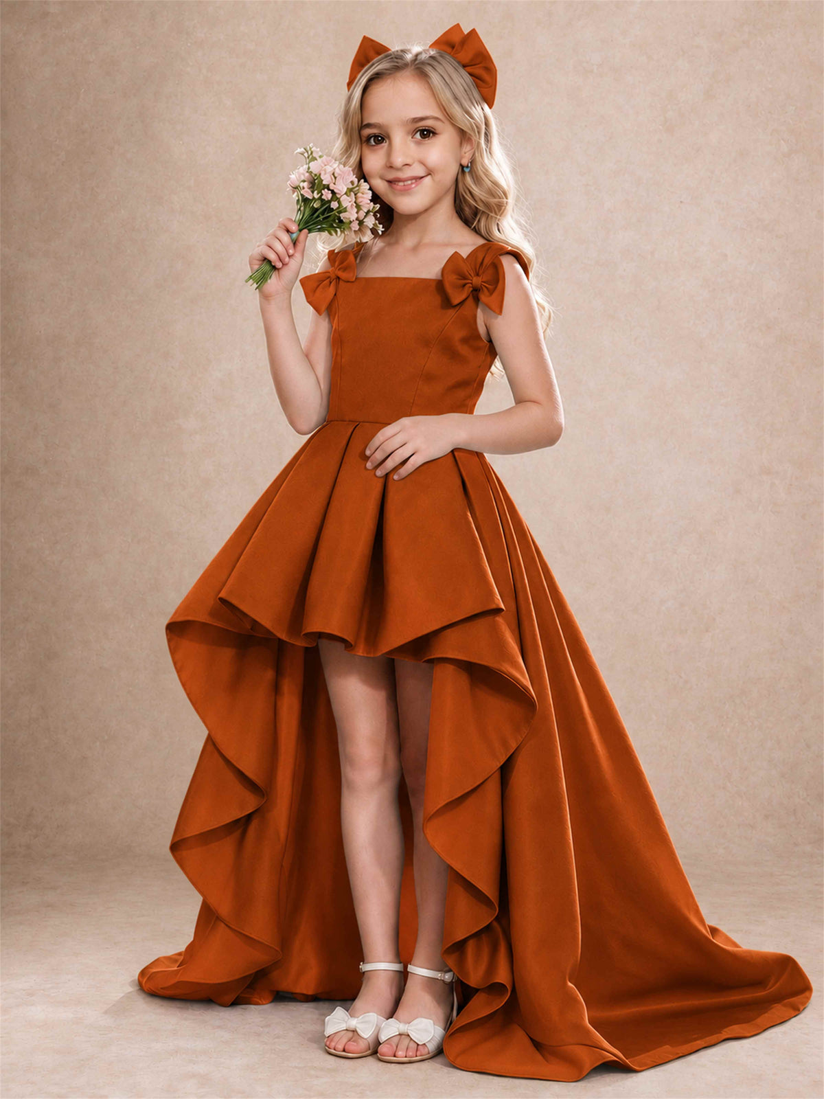 Satin Flower Girl Dress Square Neck Shoulder Bows High Low Ruffled Wedding Pageant Gown