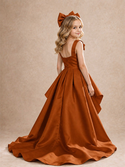 Satin Flower Girl Dress Square Neck Shoulder Bows High Low Ruffled Wedding Pageant Gown