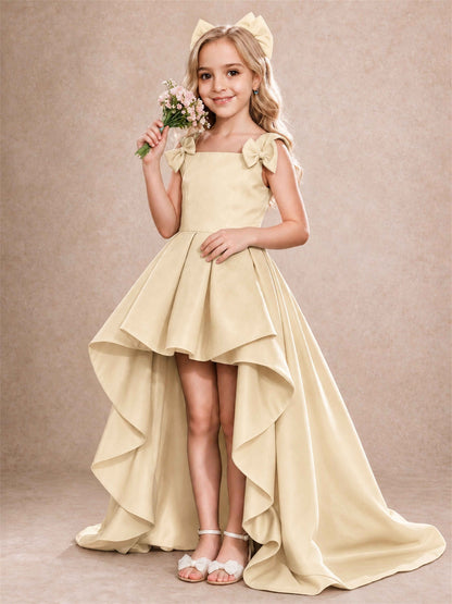 Satin Flower Girl Dress Square Neck Shoulder Bows High Low Ruffled Wedding Pageant Gown
